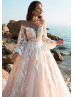 Ivory Lace Peach Tulle Wedding Dress With Horsehair Trim